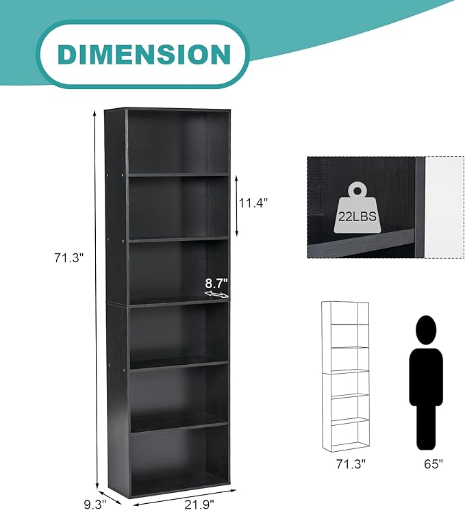 6-Tier Book Shelf, Floor Standing Open Bookcase, Wooden Display Storage Shelves with Anti-Tipping Device, 71" Tall Bookshelf for Bedroom, Living Room and Office, Black