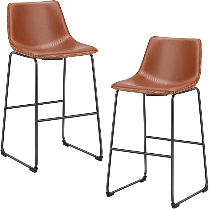 DUMOS 26 Inch Counter Height Bar Stools Set of 2, Modern Faux Leather High Barstools with Back and Metal Leg, Bar Chairs for Kitchen lsland, Elegant Brown