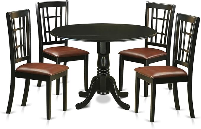 East West Furniture DLNI5-BLK-LC 5 Piece Dining Set Includes a Round Dining Room Table with Dropleaf and 4 Faux Leather Upholstered Kitchen Chairs, 42x42 Inch, Black
