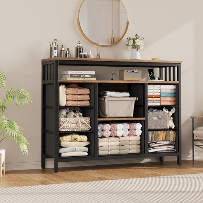 7 Drawer Dresser TV Stand with Power Outlets and LED Lights, Entertainment Center with Open Shelf, Media Console for 50“ TV, Dresser for Bedroom (Brown)
