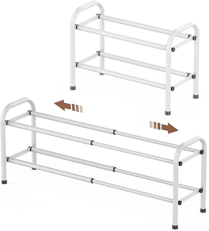 Gonfoam 2-Tier Expandable Shoe Rack,Adjustable Shoe Shelf Storage Organizer Heavy Duty Metal Free Standing Shoe Rack for Entryway Closet Doorway (White)