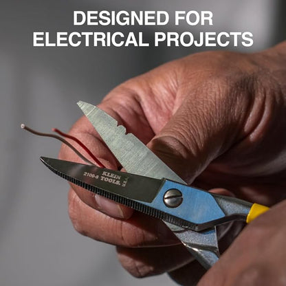 Klein Tools 2100-8 Free-Fall Electrician Snips, Made in USA, 6.25-Inch Stainless Steel Scissors with Stripping Notches, Fully Serrated Blade, Extended Handle, Electrical and Heavy-Duty Applications