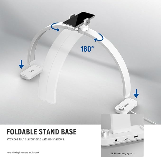NEEWER Basic HM01-D 29" Arc Lamp, 40W Foldable LED Half Moon Table Nail Tech Light for Desk 3000K-6500K 3400lux/0.5m CRI95 USB Charging Phone Holder for Manicure Makeup Beauty Tattoo Overhead Shooting