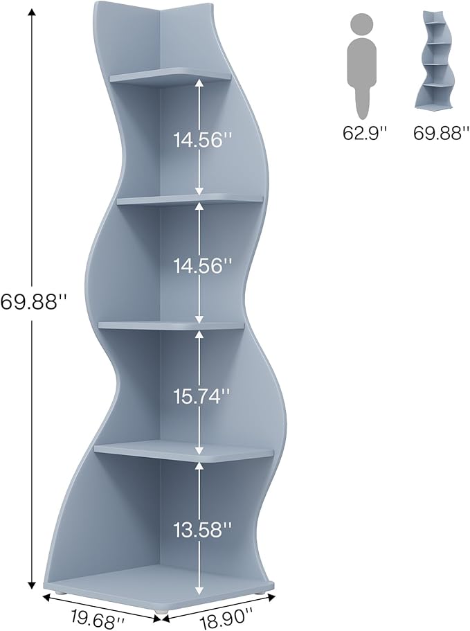 Tribesigns Corner Shelf, Modern 5-Tier Wall Corner Bookshelf, Stylish Corner Small Bookcase Storage Rack Plant Stand with Unique Shape for Living Room, Home Office (Blue, 1PC)