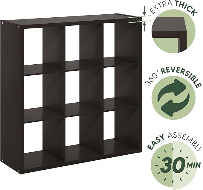 Furinno Cubicle Open Back Decorative Cube Storage Organizer, 9-Cube, Black Dark Oak