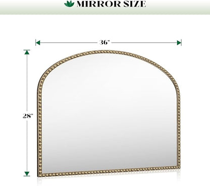 Arched Antique Gold Mirror with Beaded, 28"x36" Decorative Wall Mirrors, Champagne Bronze Brass Frame Vintage Mirror for Bedroom Dressing Room Entryway Fireplace