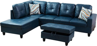 Osparple Sectional Couches for Living Room PU Leather L Shaped Couch 3 Pieces Modular Sectional Sofa with Storage Ottoman for Living Room and Small Apartment, Peacock Blue
