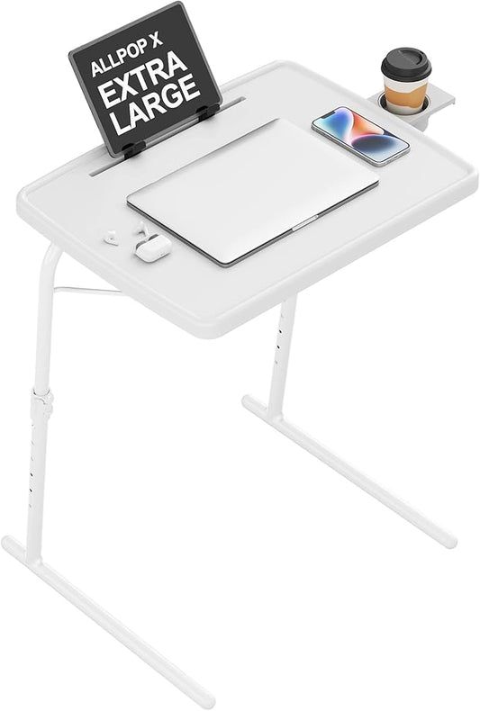 Allpop X TV Tray Table, TV Dinner Tray for Eating, Large Adjustable Folding Laptop Table with Book Stand, Cup Holder & Tablet Slot on Couch & Bed with 6 Heights & 3 Tilt Angles, White