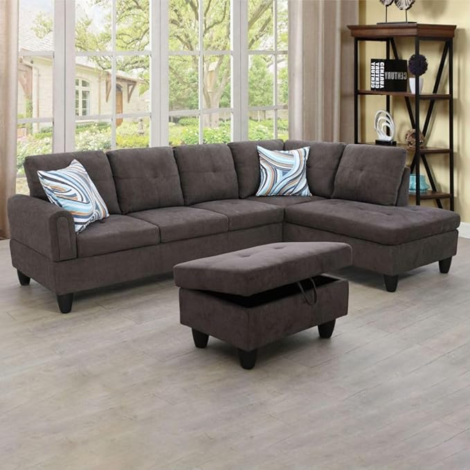Dark Brown L-Shaped 3-Piece Flannel Sofa with Storage Ottoman Set, Sectional Couch Sofa Set for Living Room, Office, Small Space