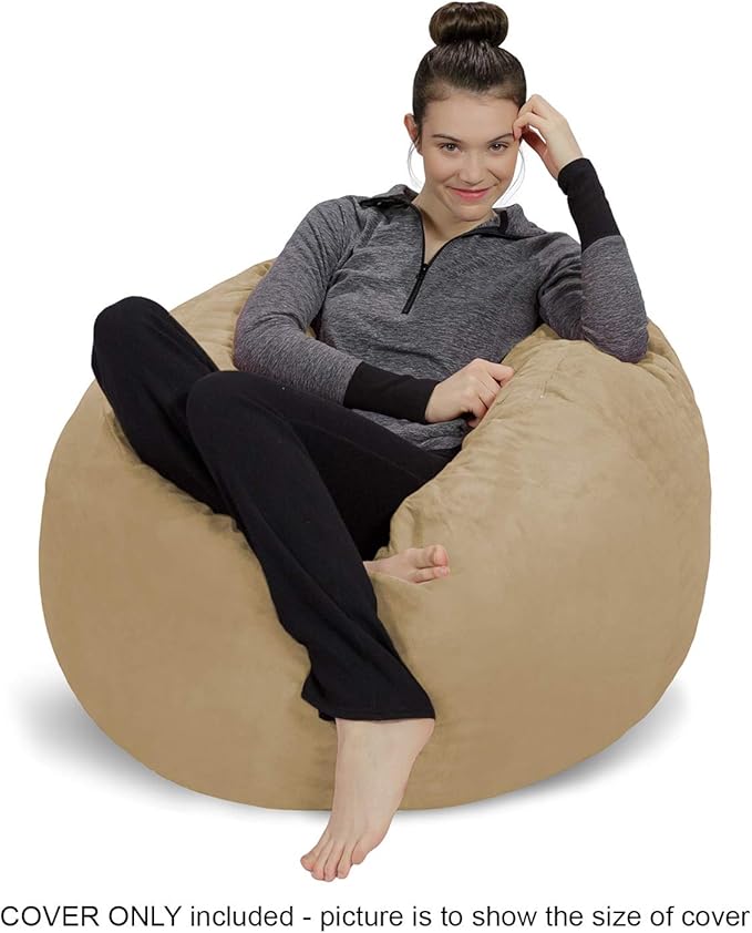 Sofa Sack Bean Bag Chair Cover Only, for Adults and Kids, Without Filling Comfy Fluffy Round or Oval Beanbag Chair Cover Replacement, Lazy Sofa Cover for Reading Chair or Floor Chair, 3 Foot, Camel