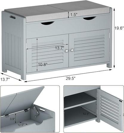 ChooChoo Shoe Storage Bench with Lift Top Storage, Entryway Bench with 2 Cushioned Seats, 3 Compartments, Adjustable Shelf, Shoe Cabinet for Entryway, Bedroom, Living Room, Grey