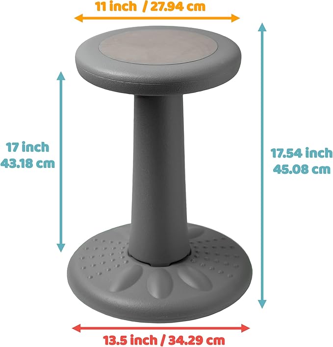 ActiveChairs Kids Wobble Stool, Flexible Classroom Seating Improves Focus, Posture & Helps ADHD/ADD. Get The Wiggles Out Active Fidget Desk Chairs, Pre-Teen 17.75" Chair, Ages 7-12, Grey