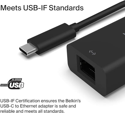 Belkin USB Type C to 2.5 Gb Ethernet Adapter, USB-IF Certified Thunderbolt 3 & 4 / USB-C to LAN Network Adapter Compatible with MacBook Pro/Air, iPad Pro, XPS, Surface, and Other USB C Devices