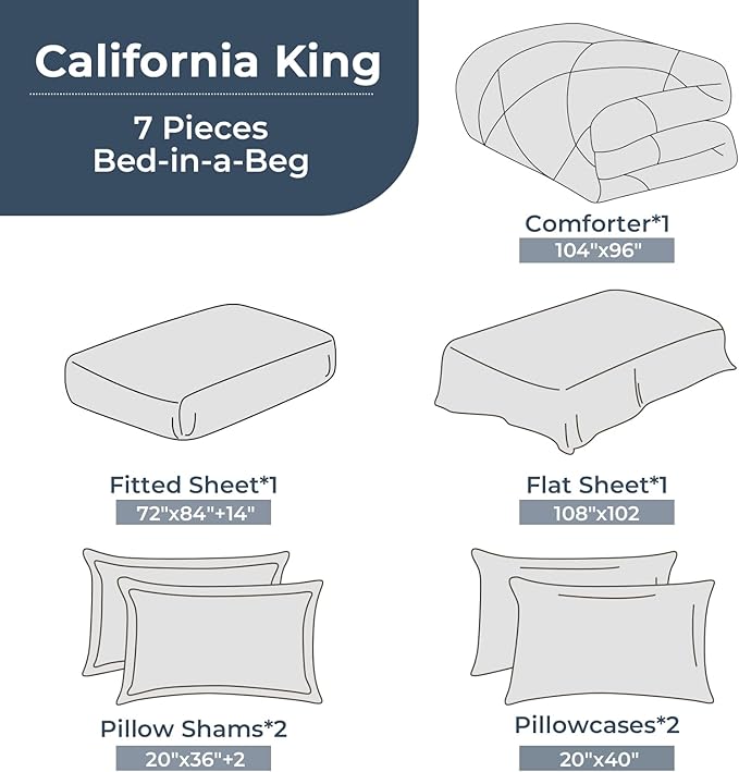 HEVUMYI Cali-King Comforter Set - 7-Piece All Season Bed in a Bag Cali-King, Ultra Soft Bedding Set with Comforter, Flat Sheet, Fitted Sheet, Pillowcases, Pillow Shams, Orange & Light Grey