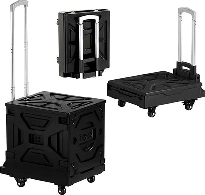 VECELO Foldable Utility Cart with Wheels - Heavy Duty Collapsible Rolling Cart for Shopping, Travel, Office & Home - Portable Luggage Cart with Telescoping Handle, Black