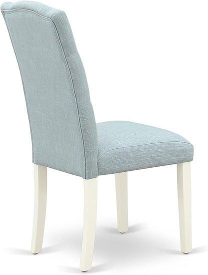 East West Furniture V077CE215-7 7 Piece Dining Set Consist of a Rectangle Dining Room Table with V-Legs and 6 Baby Blue Linen Fabric Upholstered Parson Chairs, 40x72 Inch, Multi-Color