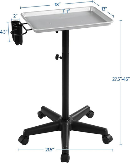 Yaheetech Rolling Salon Tray - Aluminum Trolley Cart Equipment on Wheels & Adjustable Height Mobile Beauty Salon Spa Stools Service Instrument Storage Tray w/Accessory Caddy - Silver