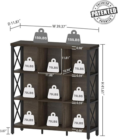 FATORRI 9 Cube Storage Bookshelf, Modern 4 Shelf Book Shelf, Wood and Metal Cubby Bookcase for Home Office (39.38 Inch W, Walnut Brown)
