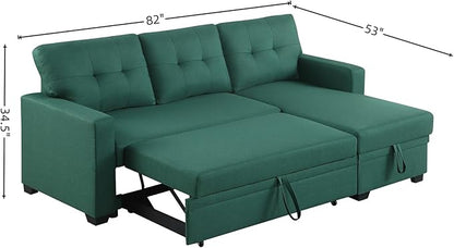 L-Shape Sofa Bed, 82" Sectional Couch with Storage Chaise, Pull Out Sleeper Sofa with Removable Back Cushions, Convertible Corner Couch for Living Room Apartment, Green