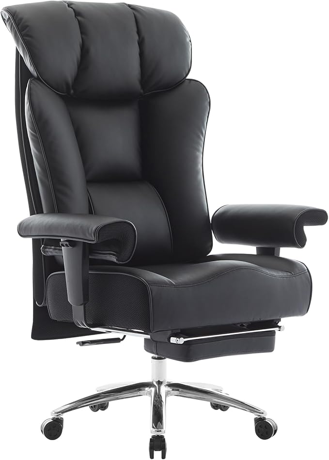 Efomao Ergonomic Office Chair 450LBS with Foot Rest, High Back PU Leather Executive Office Chair with Adjustable Armrests, Lumbar Support for Home or Work, Computer Chair, Black