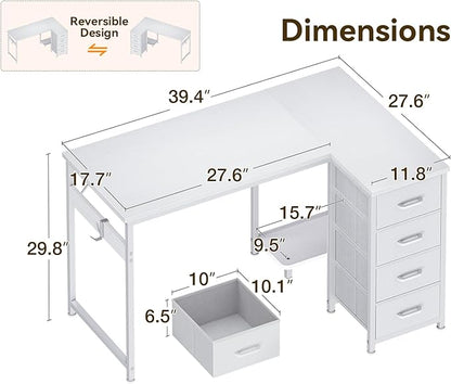 Casaottima L Shaped Desk with 4 Drawers, 40" Small White Computer Desk with Storage, Reversible Kids Study Desk with CPU Stand & Hook, Corner Desk for Home Office