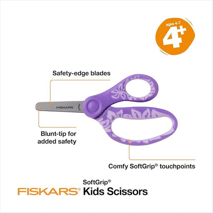 Fiskars 5" SoftGrip Blunt-Tip Scissors for Kids Ages 4-7,Scissors for School or Crafting,Back to School Supplies,Blue,Purple,and Pink Designs,3 Count (Pack of 2)