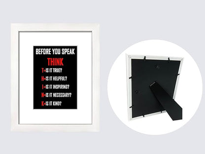 Wieco Art Think Quotes Wall Art Inspirational Canvas Print Motivation Classroom Decor With White Picture Frame and Real Glass Made to Display 5x7" with Mat or 8x10" Without Mat for Home Office Wall Decoration