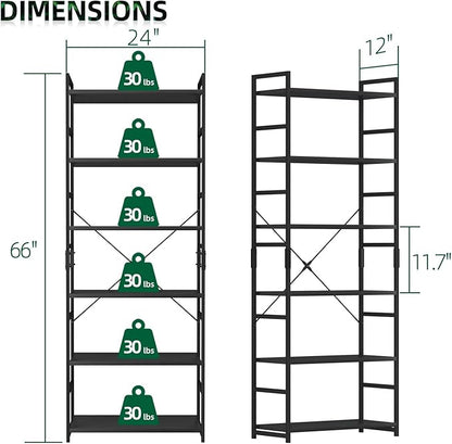 OTK 6 Tier Adjustable Bookshelf, Tall Bookcase, Office Shelf Storage Organizer, Modern Book Shelf for Living Room, Bedroom, and Home Office, Black