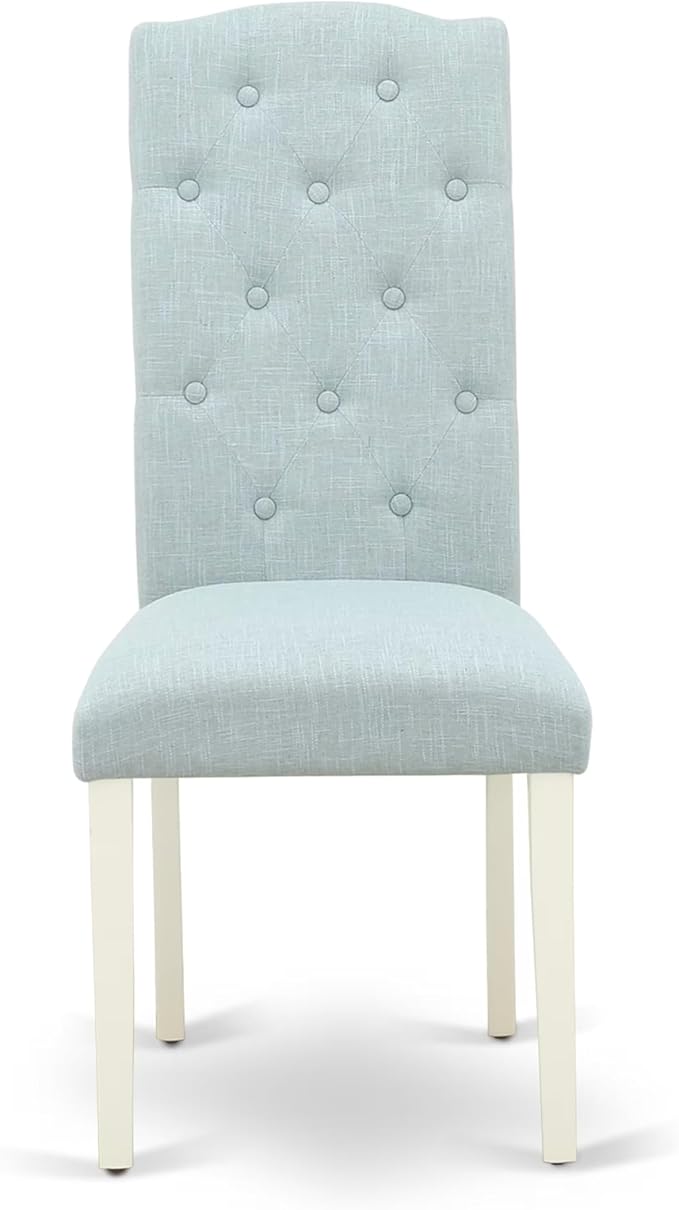 East West Furniture V077CE215-7 7 Piece Dining Set Consist of a Rectangle Dining Room Table with V-Legs and 6 Baby Blue Linen Fabric Upholstered Parson Chairs, 40x72 Inch, Multi-Color
