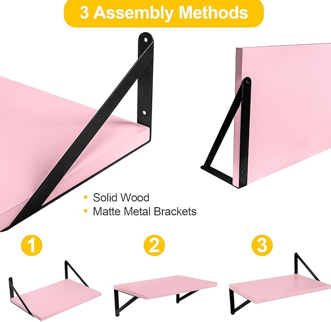 SAUMONIERES Floating Shelves Bookshelf for Bedroom Bathroom Living Room Wood Wall Mounted Wide Deep Storage, Pink Painted Set of 2