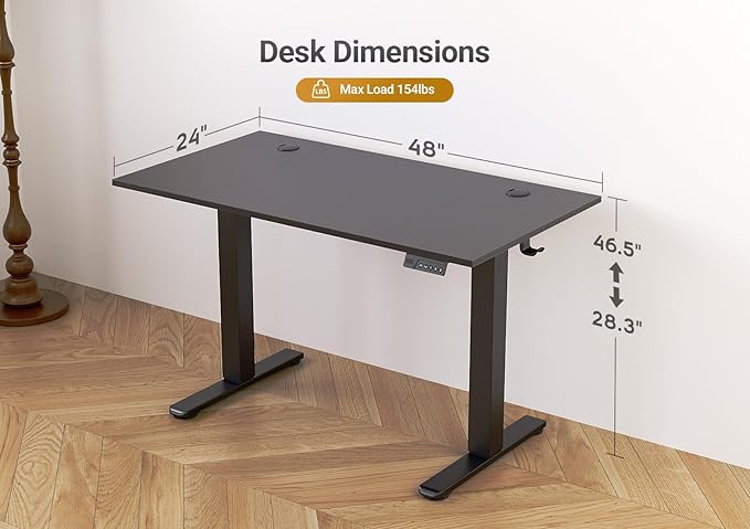 Seang Electric Standing Desk Adjustable Height, 48 x 24 Inch Sit Stand Desk with T-Shaped Frame, 3 Memory Presets & Cable Management for Home Office Computer Workstation, Black Frame/Black Top