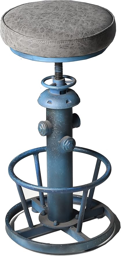 Topower American Antique Industrial Round Bottom Adjustable Height Cafe Coffee Retro Vintage Stylish Water Pipe Design Pub Kitchen Bar Stool (Antique Blue, PU Leather Top)