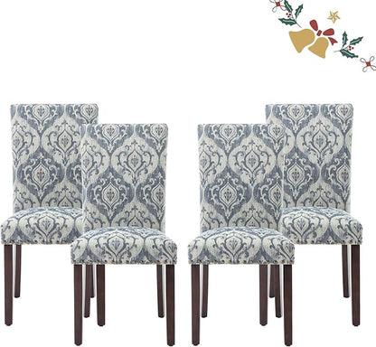 Parsons Dining Chairs Set of 4, Upholstered Nailhead Dining Room Kitchen Side Chair with Thick Cushions and Wood Legs, White/Blue