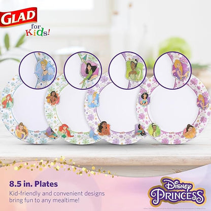 Glad Disney Princess Kids Paper Plates, Heavy Duty Soak Proof and Microwavable, Cut Resistant Disposable Snack Plates for Everyday Meals, School Lunches and Birthday Parties, 8.5 Inch, 40 Count - 2 Pk