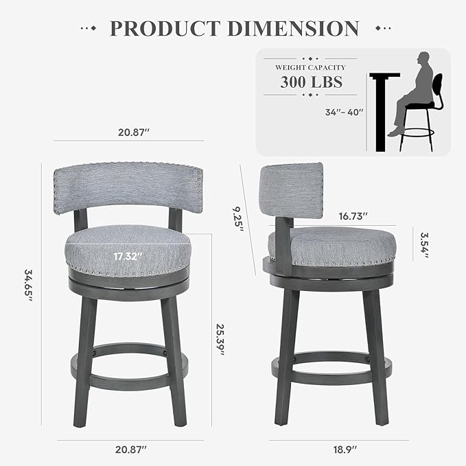 COLAMY Swivel Counter Height Bar Stools Set of 1, 25 Inch Modern Upholstered Kitchen Island Barstools with Back, Wood Swivel Bar Chairs for Counter Bar Dining Room, Grey