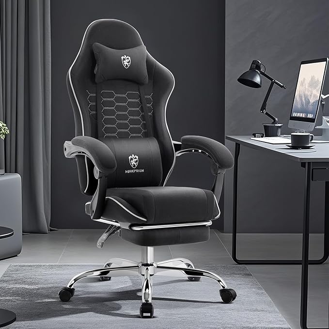 Gaming Chair Breathable Fabric,Computer Office Chair with Footrest,Massage Lumbar Support and Gel Pad,Ergonomic Reclining Adjustable Gamer Chair with Headrest and Spring Cushion Black