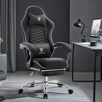 Gaming Chair Breathable Fabric,Computer Office Chair with Footrest,Massage Lumbar Support and Gel Pad,Ergonomic Reclining Adjustable Gamer Chair with Headrest and Spring Cushion Black
