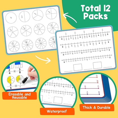 Aizweb 12 Pack Fraction Manipulatives Dry Erase Board,12"x9" Fraction Number Line Bars,Montessori Math Manipulatives Games Flash Cards for 4th-8th Grade Kids,Homeschool Classroom Teaching Supplies
