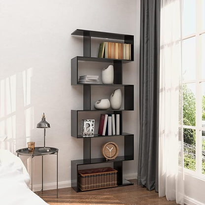Yusong Bookshelf 6-Tier, Geometric Bookcase S Shaped Book Shelves for Bedroom, Modern Wood Decorative Display Shelf Tall Book Case for Home Office, Black