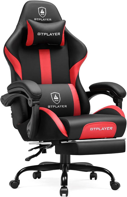 GTRACING Gaming Chair with Foot Rest & Pocket Spring Cushion, Ergonomic High Back Computer Chair with Headrest & 360°-Swivel Seat for Home Office Desk, PU Leather, Red