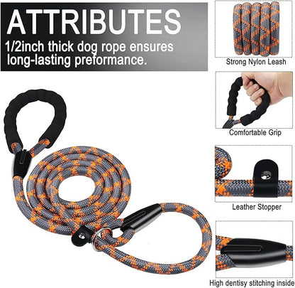 Dog Leash 6 FT, Durable Premium Quality Strong Training Rope Slip Leash with Comfortable Padded Handle and Highly Reflective Threads for Small Medium and Large Dogs, (Grey Orange)