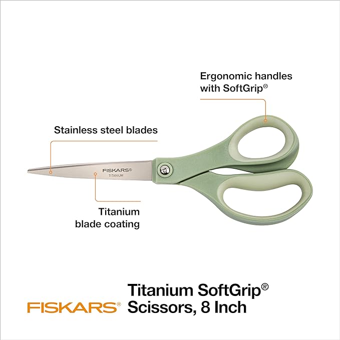 Fiskars 8” Comfort Grip Titanium Multipurpose Scissors with Ergonomic Handles for Everyday Cutting Tasks, Sharp Scissors for Home, Office, Crafts, Multicolor 3-Pack