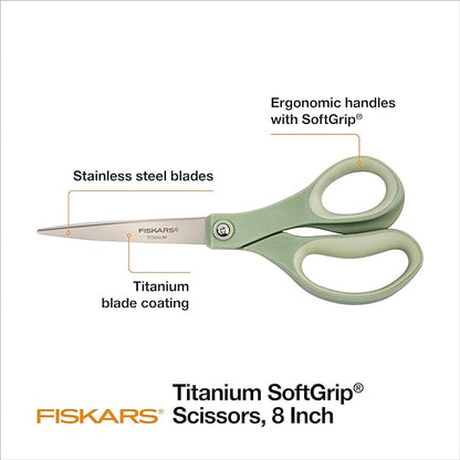 Fiskars 8” Comfort Grip Titanium Multipurpose Scissors with Ergonomic Handles for Everyday Cutting Tasks, Sharp Scissors for Home, Office, Crafts, Multicolor 3-Pack
