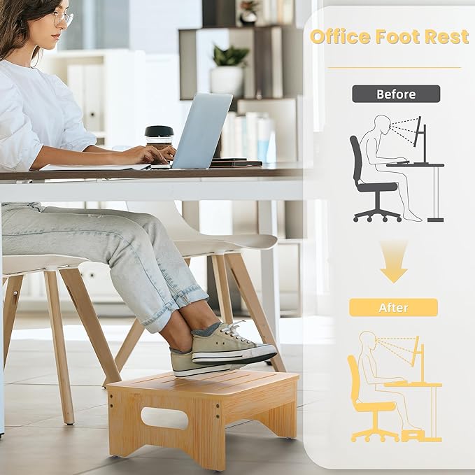 Wooden Step Stool for Adults & Kids, Non-Slip Rubber Feet, 6.5 Inch High, Lightweight Small Step, 400 Lbs Capacity, Bed Step Stool for High Bed, Bathroom & Kitchen, Bamboo
