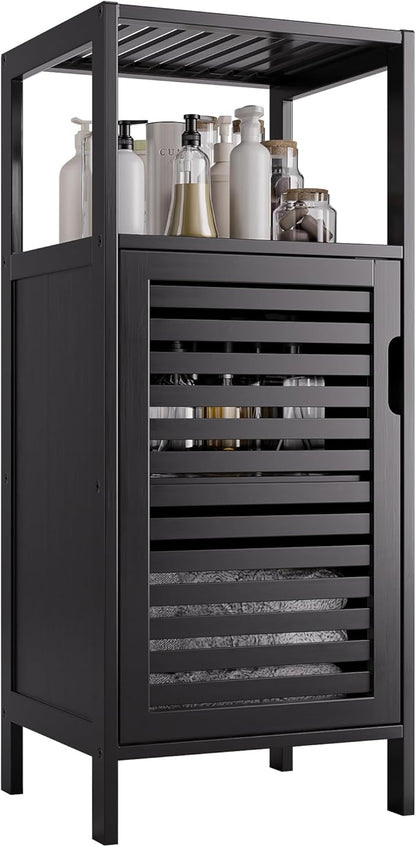 HITNET Bamboo Floor Cabinet, Small Bathroom Cabinet Floor Standing, 4 Tier Narrow Side Storage Cabinet, Space Saving Kitchen Cupboard with Single Door, Black