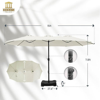 HERA'S PALACE Umbrella Patio Outdoor with Base 15ft Rectangle Table Double Market Umbrellas Clearance Large Included Stand for Deck Outside Pool Picnic Inground Yard Commercial (Ivory)