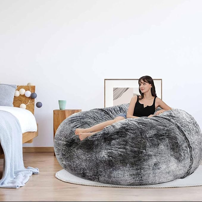 Bean Bag Chair for Kids Adults Without Filler Oversized Round Plush Beanbag Chair Lazy Sofa Cover for Stuffed Animal Storage Floor Chair, 5FT, Light Grey