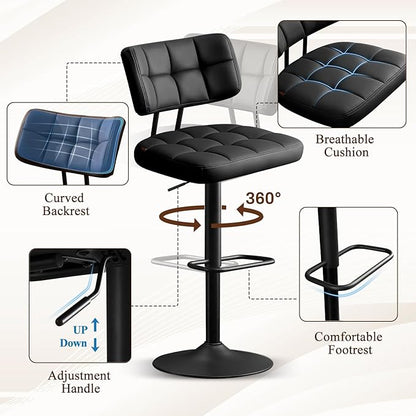 Furniliving Upholstered Bar Stools Set of 4, Faux Leather Swivel Bar Stools with Back, Adjustable Counter Height Barstools for Kitchen Island, Dining Space, Black