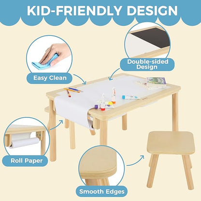 Sensory Table for Toddlers 1-3 with 2 Chairs & Roll Paper, Wooden Kid Activity Table Chair Set with Double-Sided Boards and 2 Storage Bins for Sand and Water Play