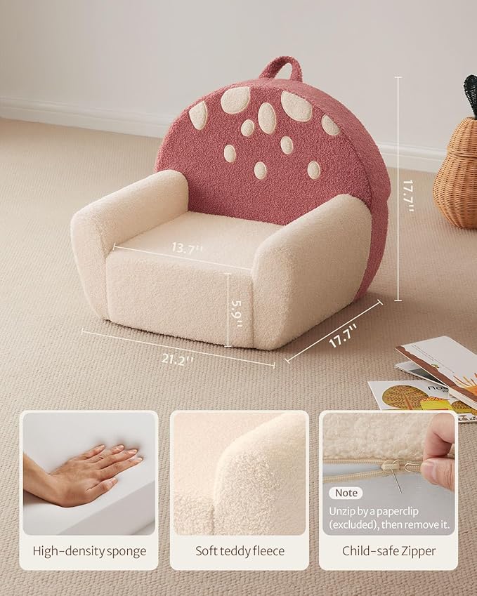 Blissful Diary Toddler Chair Comfy, Foam Kids Chair with Soft Teddy Plush, Toddler Reading Armchair with Cute Mushroom Designs- Rusty Red
